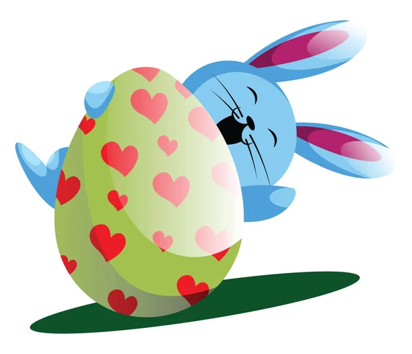 Blue bunny holding easter egg with painted hearts illustration w — Stock Vector