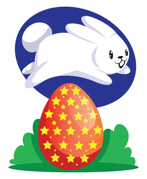 White easter rabbit jumping over red egg illustration web vector — Stock Vector