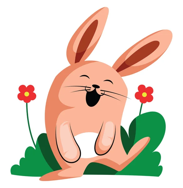 Šťastný velikonoční králík usmívající se před květinami ilustrace webové — Stockový vektor