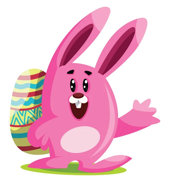 Pink Easter bunny with big ears carry an egg and waving  illustr — Stock Vector