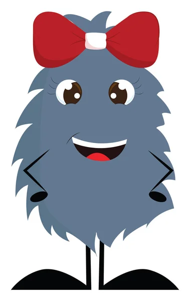Ciemny szary Furry uśmiechnięty potwór z czerwony włosy łuk wektor ilustr — Wektor stockowy