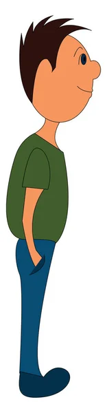 Menino com cabelo castanho em camisa verde e azul calças vetor illustr — Vetor de Stock