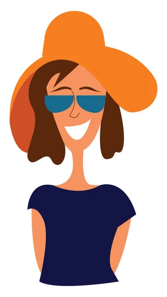 一个穿着蓝色衬衫的女孩的肖像, 戴着棕色的大帽子和太阳镜 — 图库矢量图片