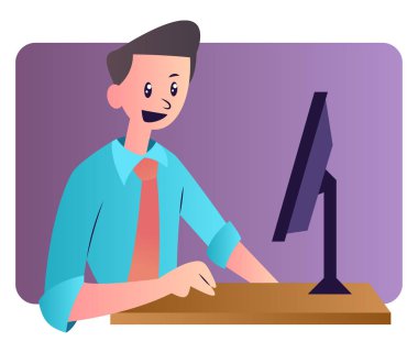 Beyaz arka planda bilgisayar vektör esnaf üzerinde çalışan karikatür adam