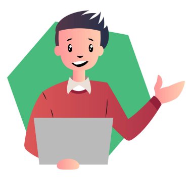 Beyaz arka planda laptop vektör esnaf ile karikatür adam