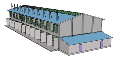 Beyaz arka planda açık kapatır vektör çizim ile büyük mavi ve gri modern metal ahır
