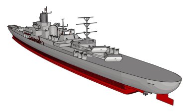 beyaz bir arka planda uzun kırmızı ve gri askeri savaş gemisi 3D vektör Illustration