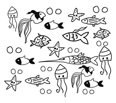 Deniz hayvan Doodle vektör veya renk illüstrasyon