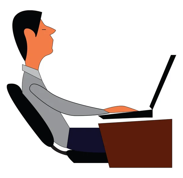 Man working on laptop at his desk illustration print vector on w — Stock Vector