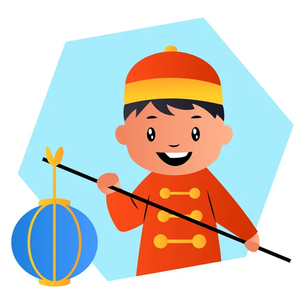 Cute Cartoon Chiński Chłopiec Wektor Ilustracja Tle — Wektor stockowy