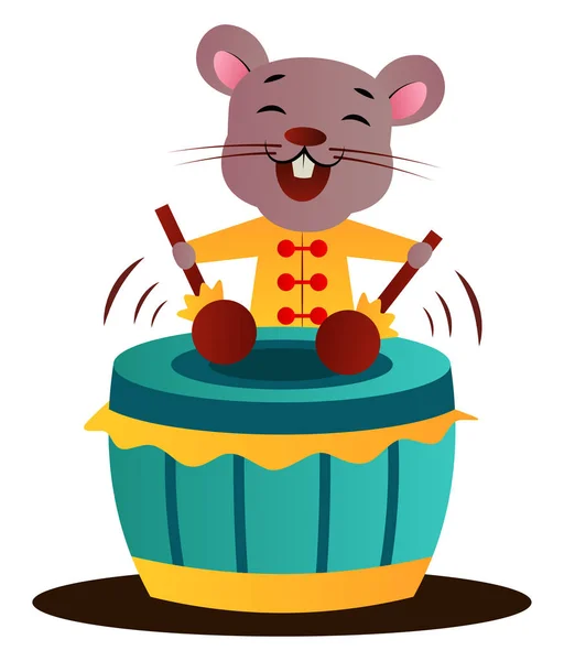 Cartoon Chinese Mouse Playing Drums Vector Illustration White Background — Stock Vector