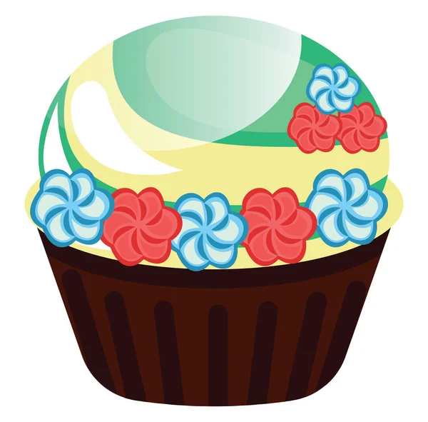 白い背景に花の装飾のイラストベクトルとチョコレートカップケーキ — ストックベクタ