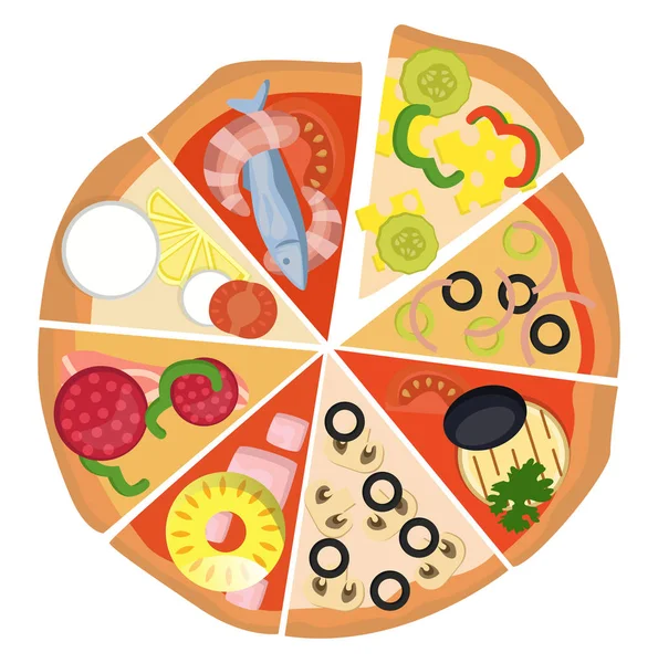 Oito Fatias Diferentes Vetor Ilustração Pizza Fundo Branco —  Vetores de Stock