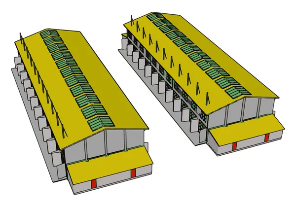Deux Grandes Granges Modernes Vertes Jaunes Avec Fermetures Ouvertes Illustration — Image vectorielle