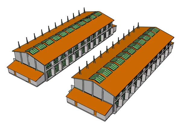 Два Зеленых Оранжевых Больших Современных Амбара Открытыми Затворами Векторными Иллюстрациями — стоковый вектор