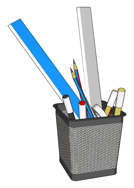 Taza Lápiz Alambre Con Reglas Varios Bolígrafos Lápices Ilustración Vectorial — Archivo Imágenes Vectoriales