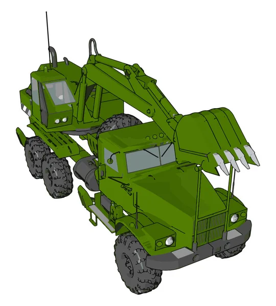 緑のショベルマシンの白い背景に3D ベクトルイラスト — ストックベクタ