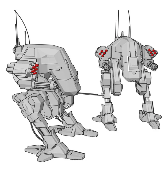 Desenhos Animados Simples Dois Robôs Cinzentos Com Cabeça Missil Vermelha — Vetor de Stock