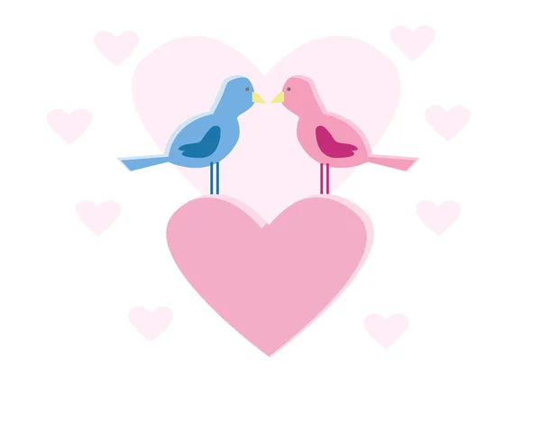 两只鸟坐在粉红色的心脏上 嘴唇紧锁的位置 象征情人节矢量颜色的图画或插图 — 图库矢量图片