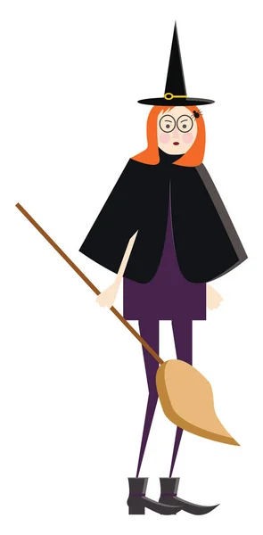 一位穿着女巫服装的女士 手里拿着长扫帚的矢量彩色图画或插图 — 图库矢量图片