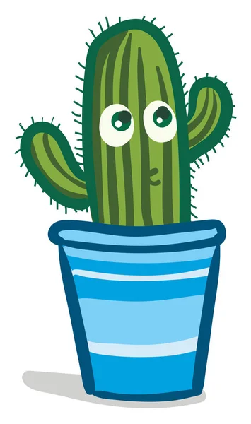 A cactus plant emoji in a blue flowerpot is with big eyes and in — Stock Vector