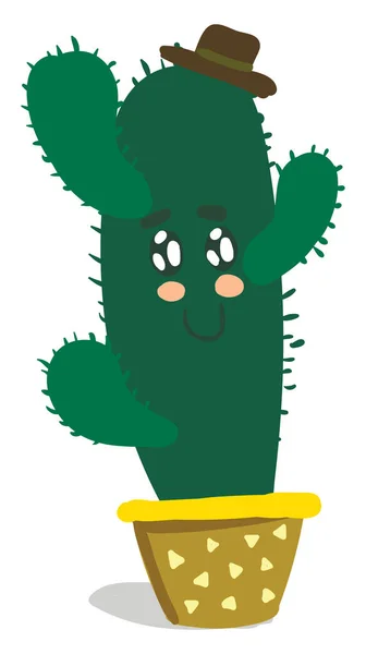 Een glimlachende schattige cactus plant Emoji met armen draagt een ronde t — Stockvector