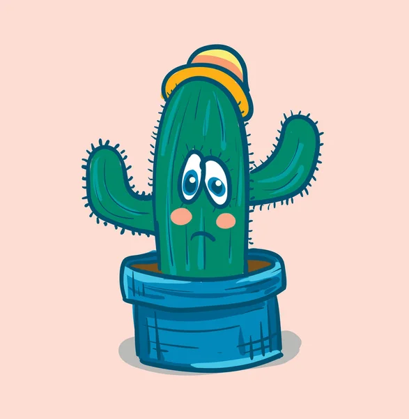 Un emoji de plante de cactus avec l'expression confuse porte un yello — Image vectorielle