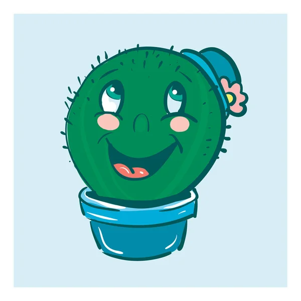 파란 모자를 가진 선인장 식물 emoji가 입으로 웃 고 있습니다. — 스톡 벡터