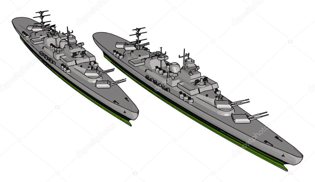 3D vector illustration of a two long grey military ships on a white background
