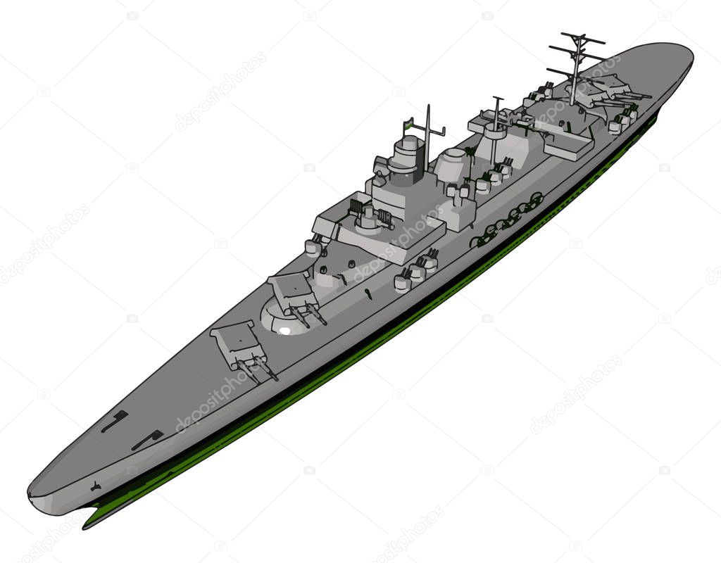3D vector illustration of a long grey military ship on a white background