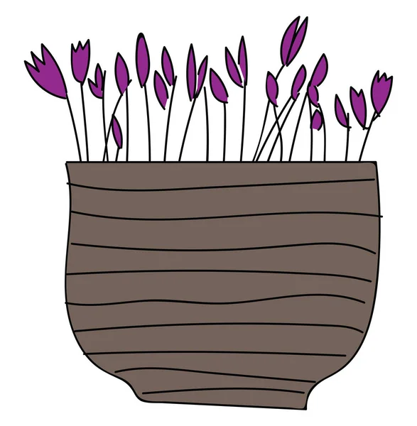 Simple vector illustration of purple flowers in brown flower pot on white background