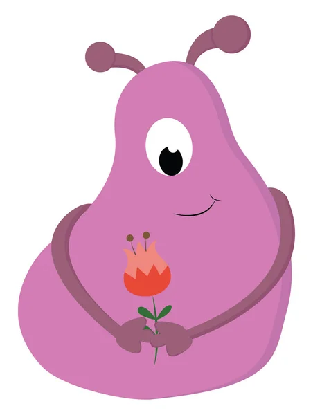 Rosa Sorrindo Monstro Blob Olho Segurando Uma Ilustração Vetor Flor — Vetor de Stock