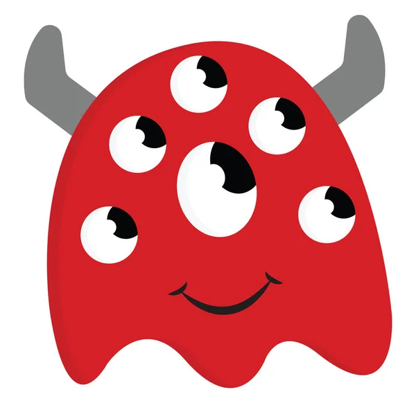 Happy Red Monster Many Eyes Grey Horns Vector Illustration White — Stock Vector