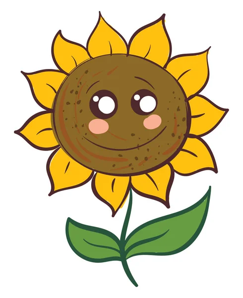 Cute Smiling Sunflower Green Leaves Vector Illustration White Background — Stock Vector