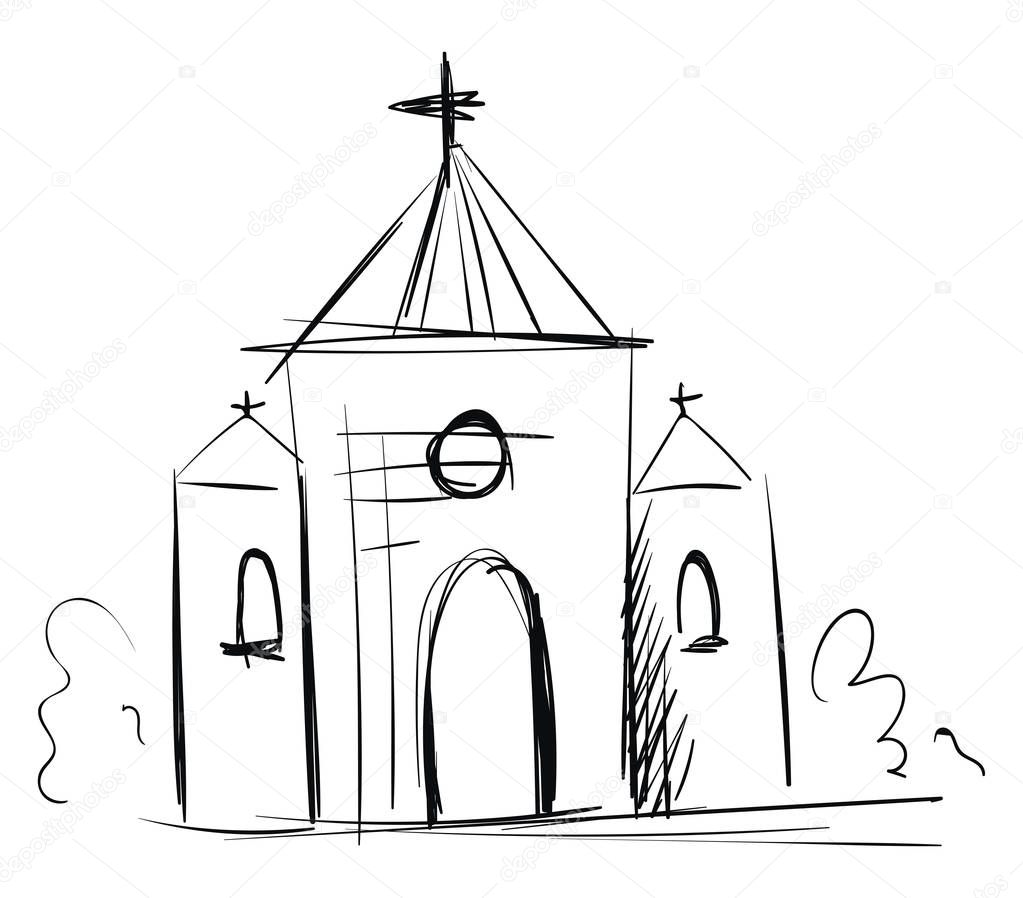 Simple black and white  sketch of a church  vector illustration on white background