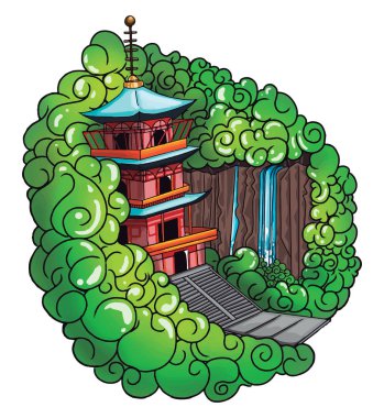 Yeşil bir ormanda bir kale yakınında bir şelale ile vektör renk çizim veya illüstrasyon 