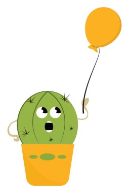 Sarı balon vektör renk çizim veya illüstrasyon tutan bir kaktüs karikatür