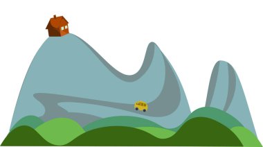 Bir tepenin tepesinde, vektör rengi çizimine veya illüstrasyonuna giden bir yol olan yalnız bir ev