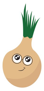 Büyük gözleri vektör renk çizim veya illüstrasyon ile yeşil yaprakları ile Soğan