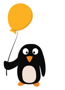 Elinde vektör renk çizim veya illüstrasyon sarı bir balon ile siyah renkli küçük bir sevimli penguen