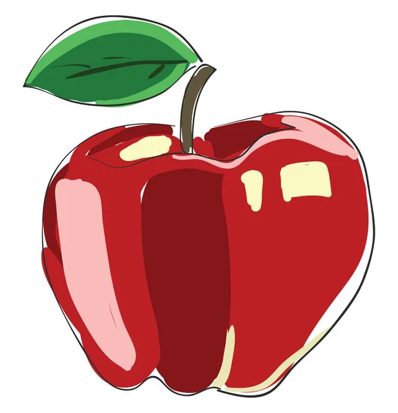 抽象的なベクターカラーの描画やイラストで単一の緑色の葉を持つ赤いリンゴの塗装 — ストックベクタ