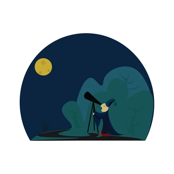 Astronomer Focusing Sky His Telescope Dark Cold Night Vector Color — Stock Vector