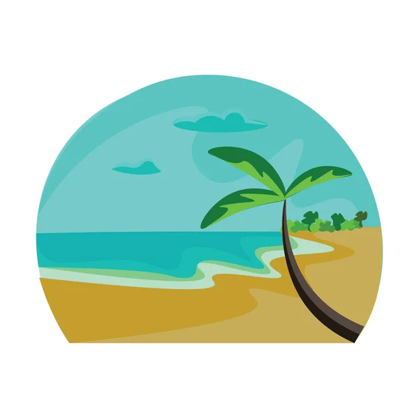 Παραλία Ζεστή Αμμουδιά Φοίνικες Και Μακρύ Παράκτιο Σχέδιο Χρωμάτων Εικόνα — Διανυσματικό Αρχείο