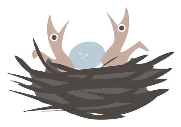 2匹のかわいい雛と1つの卵を持つ美しい鳥の巣は ベクターの色の描画やイラストをハッチングする上にあります — ストックベクタ