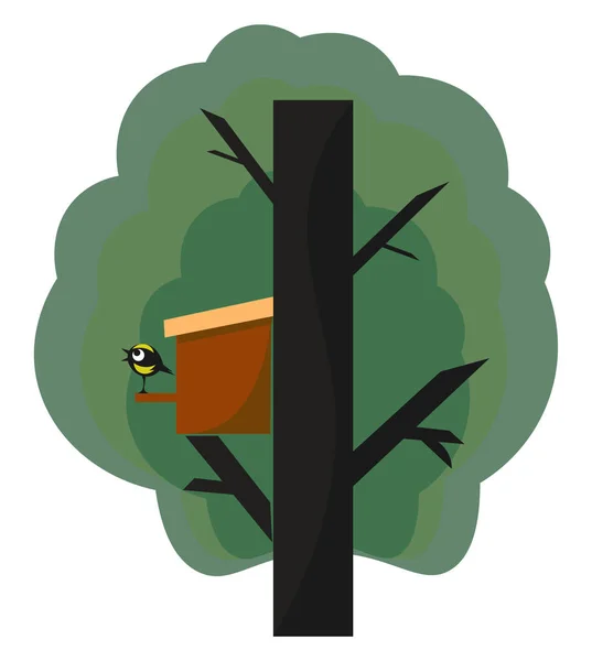 Рукотворна Коробка Гнізда Великому Дереві Милий Птах Стоїть Коробкою Векторний — стоковий вектор