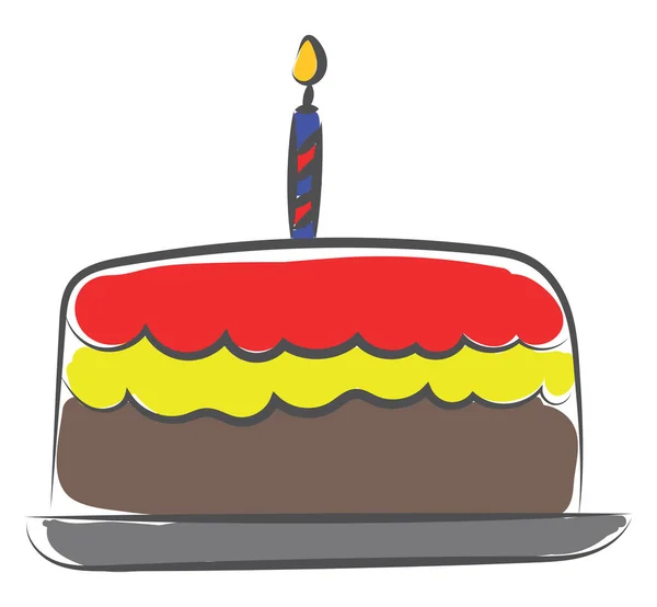 単一のキャンドルベクトルカラー描画やイラストを持つ単一の大きな誕生日ケーキ — ストックベクタ