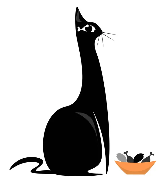 Gato Negro Alto Esperando Para Comer Tazón Peces Que Dibujo — Vector de stock