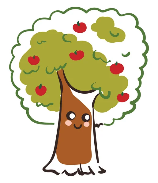 ベクトルカラー描画やイラストにたくさんのリンゴを持つかわいい幸せなリンゴの木 — ストックベクタ