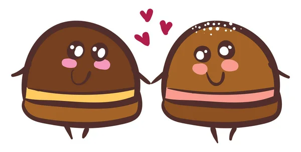 Dos Trufas Dulces Chocolate Cogidas Mano Amor Vector Color Dibujo — Archivo Imágenes Vectoriales