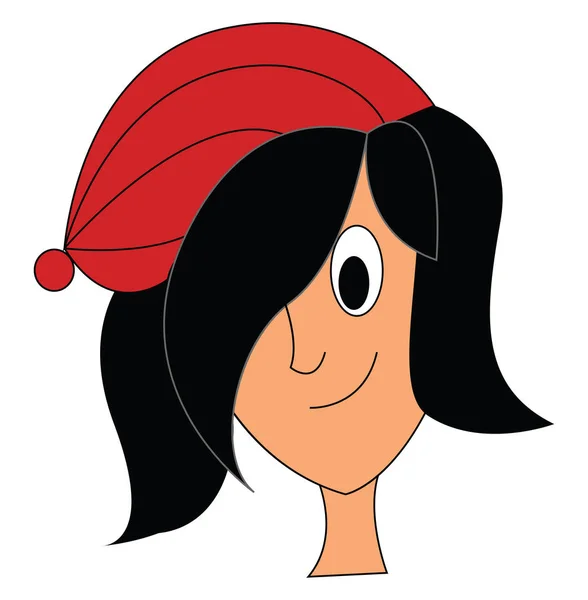 Ένα Χαριτωμένο Μικρό Κορίτσι Σκούρα Μαύρα Μαλλιά Φορώντας Κόκκινο Καπέλο — Διανυσματικό Αρχείο